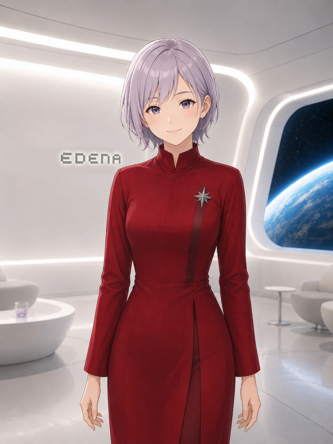 宇宙船内に立つミラの全身像。淡い紫の髪に赤い制服姿で、背景の窓には地球が見える
